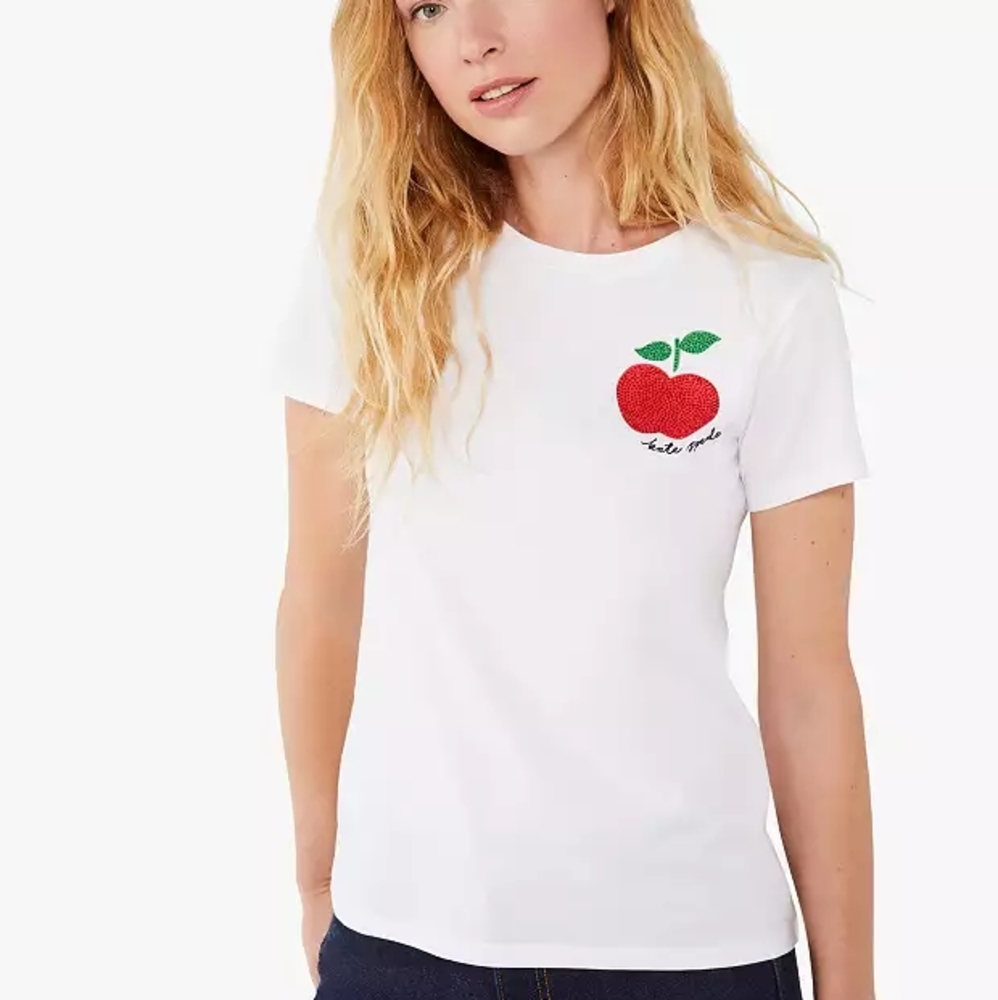 White T-Shirt with Red Apple Design